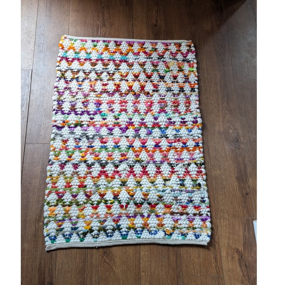 Hand Woven Multicolor Cotton Rag Rug Geometric Textured Bubble Accent Rug Small - Picture 2 of 3